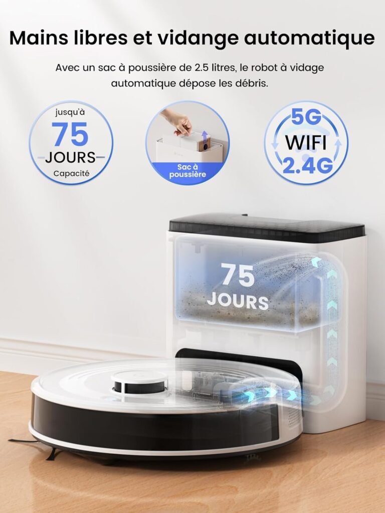 Lefant M2 Plus Robot Aspirateur Laveur avec Station 6000Pa, Blanc | Vidage Automatique avec Sac 2,5L,Navigation Laser dToF,Cartographie Intelligente,Évitement PSD,Poils d’Animaux,WiFi/App/Alexa - photo produit