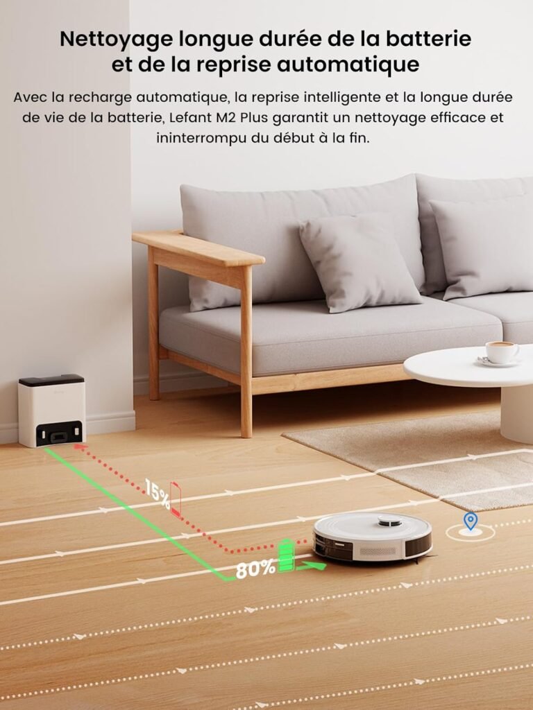 Lefant M2 Plus Robot Aspirateur Laveur avec Station 6000Pa, Blanc | Vidage Automatique avec Sac 2,5L,Navigation Laser dToF,Cartographie Intelligente,Évitement PSD,Poils d’Animaux,WiFi/App/Alexa - photo produit