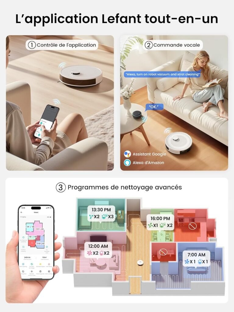 Lefant M2 Plus Robot Aspirateur Laveur avec Station 6000Pa, Blanc | Vidage Automatique avec Sac 2,5L,Navigation Laser dToF,Cartographie Intelligente,Évitement PSD,Poils d’Animaux,WiFi/App/Alexa - photo produit
