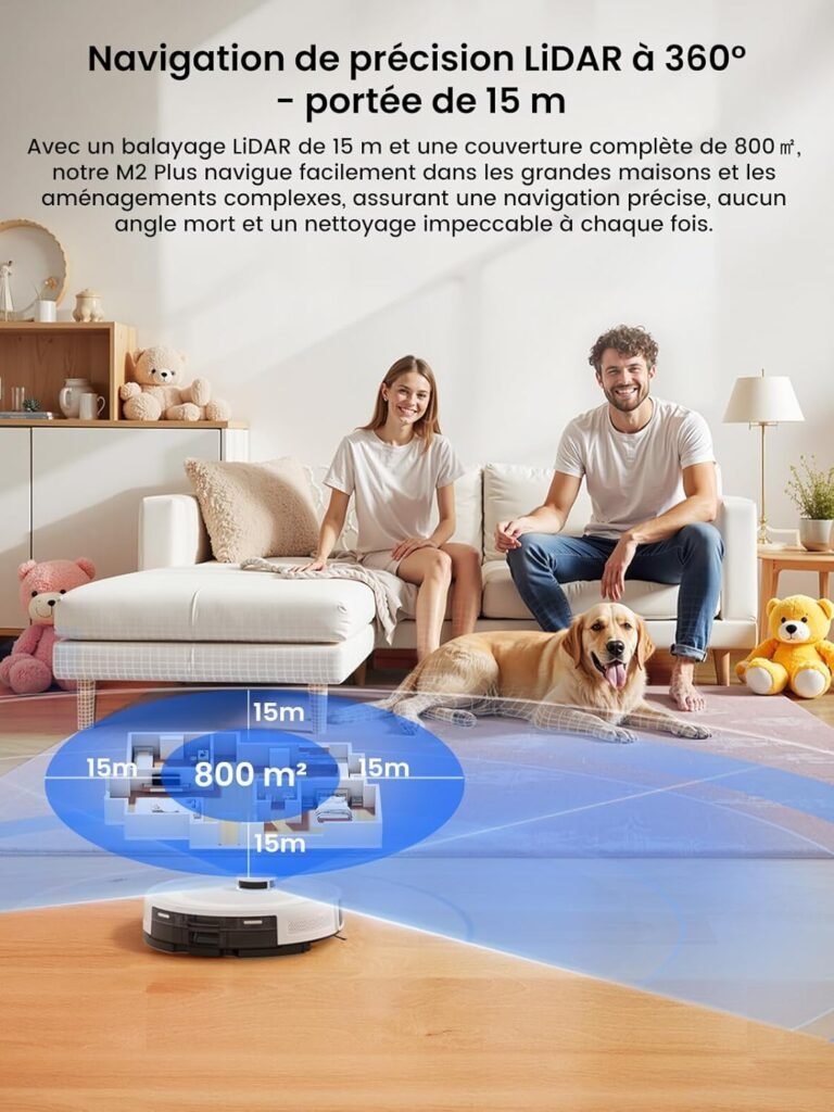 Lefant M2 Plus Robot Aspirateur Laveur avec Station 6000Pa, Blanc | Vidage Automatique avec Sac 2,5L,Navigation Laser dToF,Cartographie Intelligente,Évitement PSD,Poils d’Animaux,WiFi/App/Alexa - photo produit