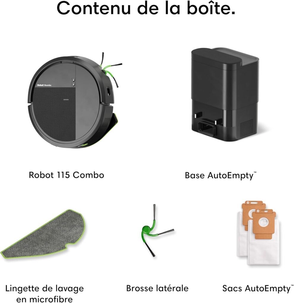 iRobot Roomba 115 Combo+Base AutoEmpty – Robot Aspirateur Laveur 2en1 – Puissance d&rsquo;Aspiration 15KPa – Brosse latérale étendue – Lingette de Lavage déportée – Navigation LiDAR – Noir - photo produit