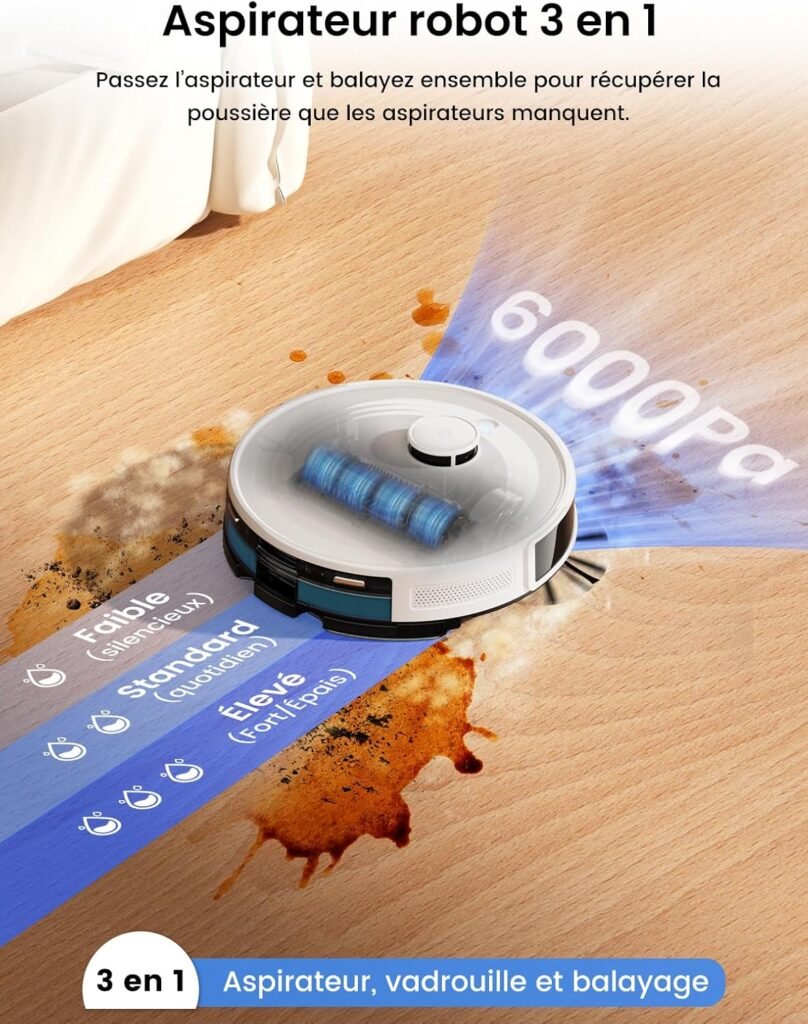 Lefant M2 Plus Robot Aspirateur Laveur avec Station 6000Pa, Blanc | Vidage Automatique avec Sac 2,5L,Navigation Laser dToF,Cartographie Intelligente,Évitement PSD,Poils d’Animaux,WiFi/App/Alexa - photo produit