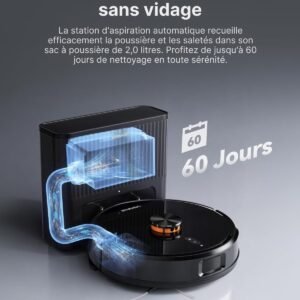 VONKO Robot Aspirateur Laveur avec Station de Vidage Automatique, 8000Pa, Navigation LiDAR 2.0, 180min Autonomie, Détection de Tapis, App & Alexa, Idéal Poils d’Animaux & Sols Dur,Noir