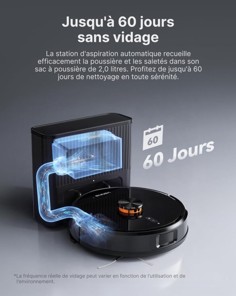 VONKO Robot Aspirateur Laveur avec Station de Vidage Automatique, 8000Pa, Navigation LiDAR 2.0, 180min Autonomie, Détection de Tapis, App & Alexa, Idéal Poils d’Animaux & Sols Dur,Noir - photo produit