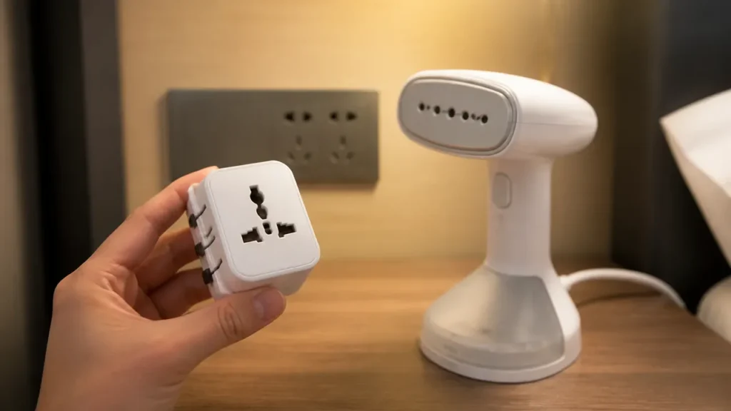 main tenant un adaptateur de prise de voyage à côté d'un défroisseur compact