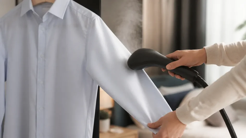 Geste vertical pour défroisser une chemise sur cintre