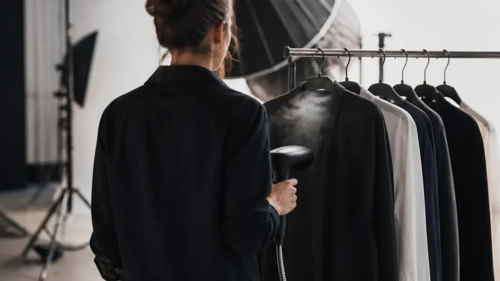 Défroisseur vapeur professionnel compact utilisé en coulisses de tournage