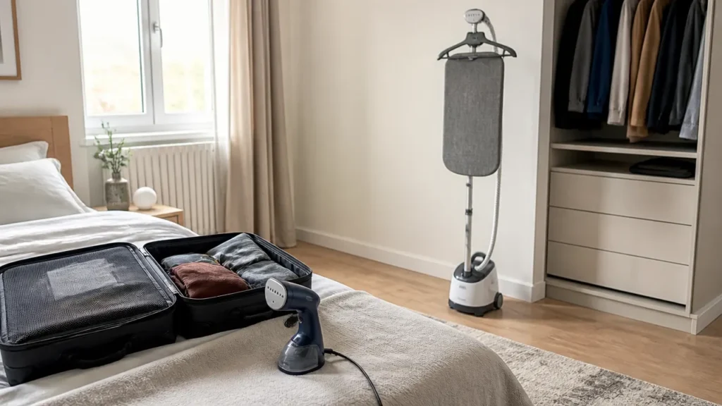 Modèle portatif près d’une valise et défroisseur vertical dans une chambre