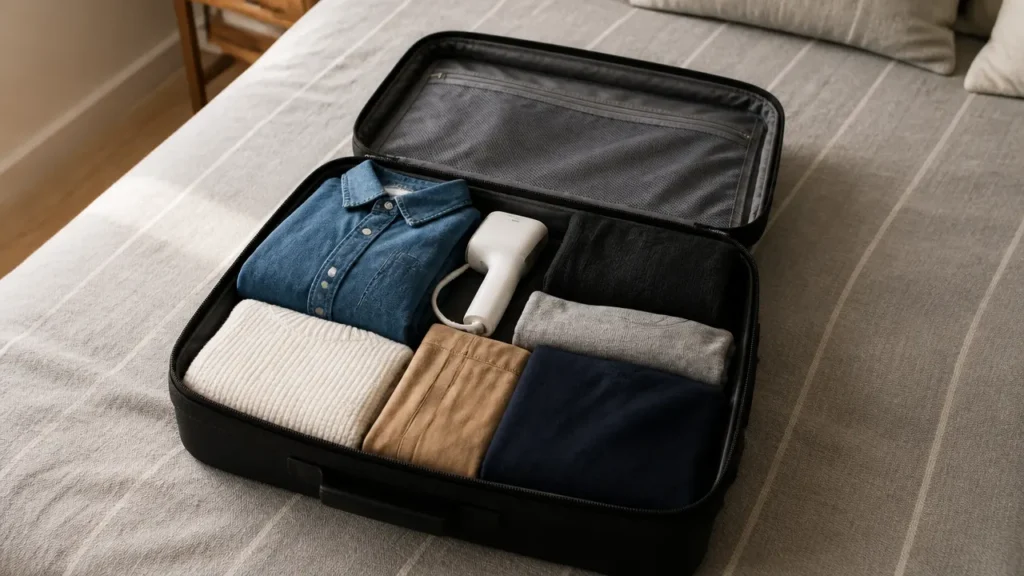 Petit défroisseur plié rangé dans une valise avec des vêtements