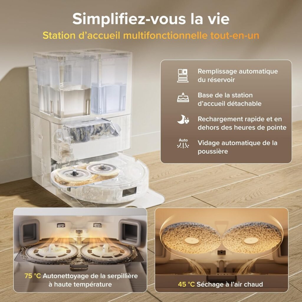 roborock Qrevo S Pro Set Robot Aspirateur Laveur, Anti-enchevêtrements | 18500Pa, 45°C Séchage à l&rsquo;air Chaud, 75°C Autonettoyant à Haute Température, Évitement d&rsquo;obstacles et Navigation Intelligente - photo produit