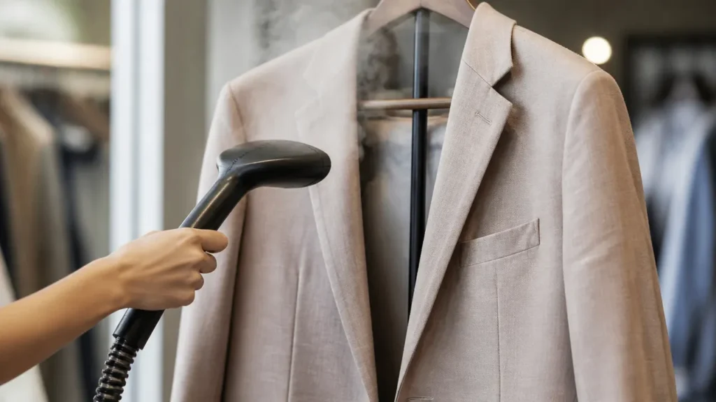 Défroisseur vapeur professionnel utilisé sur un vêtement suspendu en boutique
